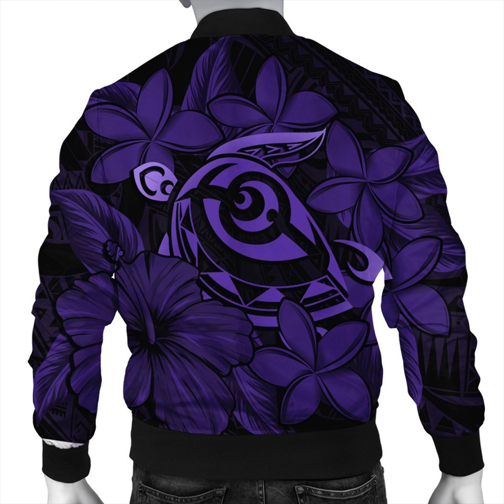 Hawaiian Turtle Hibiscus Plumeria Kanaka Polynesian Bomber Jacket Purple - Soft Style - AH - Polynesian Pride
