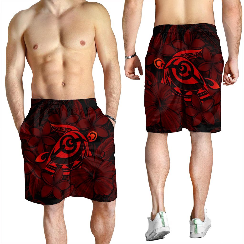 Hawaiian Turtle Hibiscus Plumeria Kanaka Polynesian Men's Shorts Red - Soft Style - AH - Polynesian Pride
