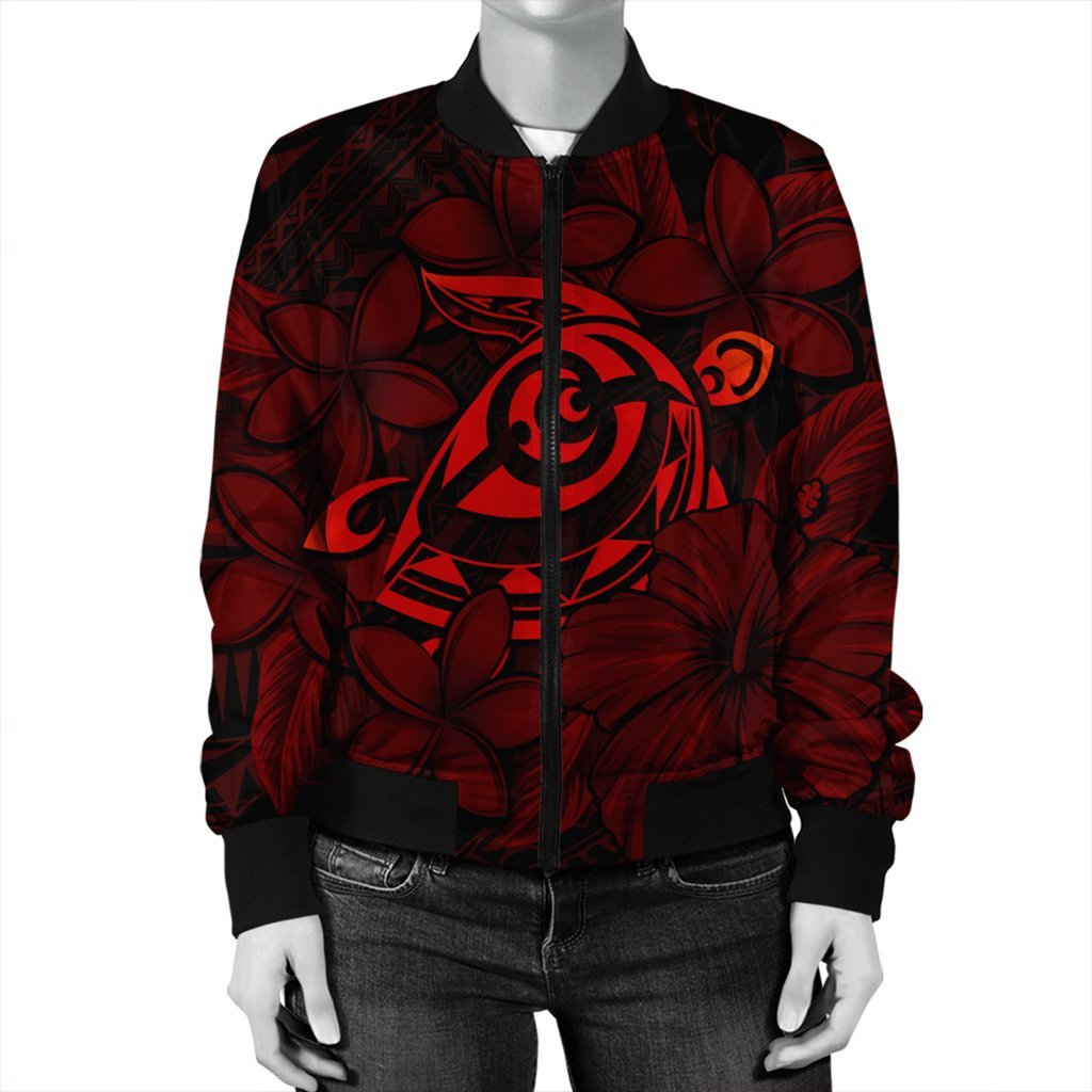Hawaiian Turtle Hibiscus Plumeria Kanaka Polynesian Bomber Jacket Red - Soft Style - AH - Polynesian Pride