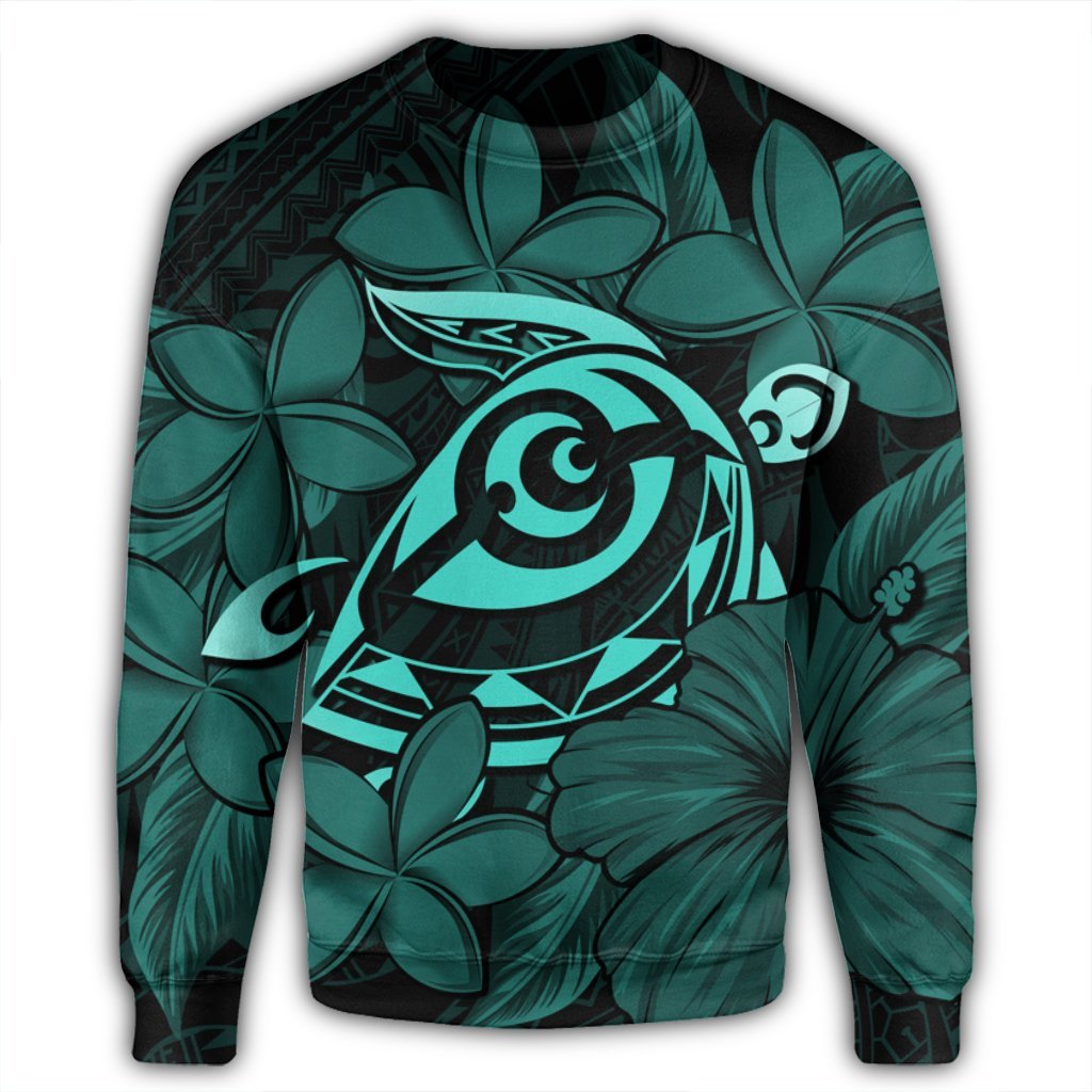 Hawaiian Turtle Hibiscus Plumeria Kanaka Polynesian Sweatshirt Turquoise - Soft Style - AH - Polynesian Pride