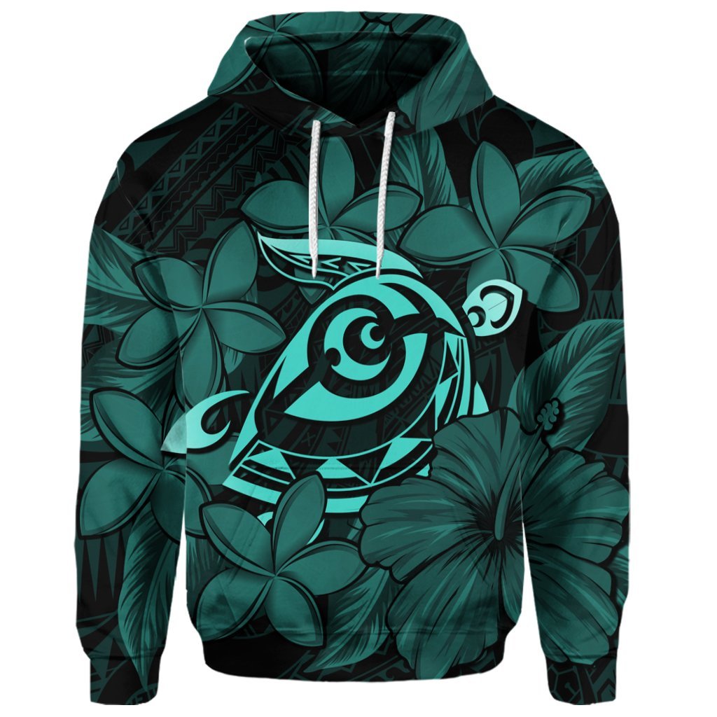Custom Hawaiian Turtle Hibiscus Plumeria Kanaka Polynesian Hoodie Turquoise Soft Style - Polynesian Pride