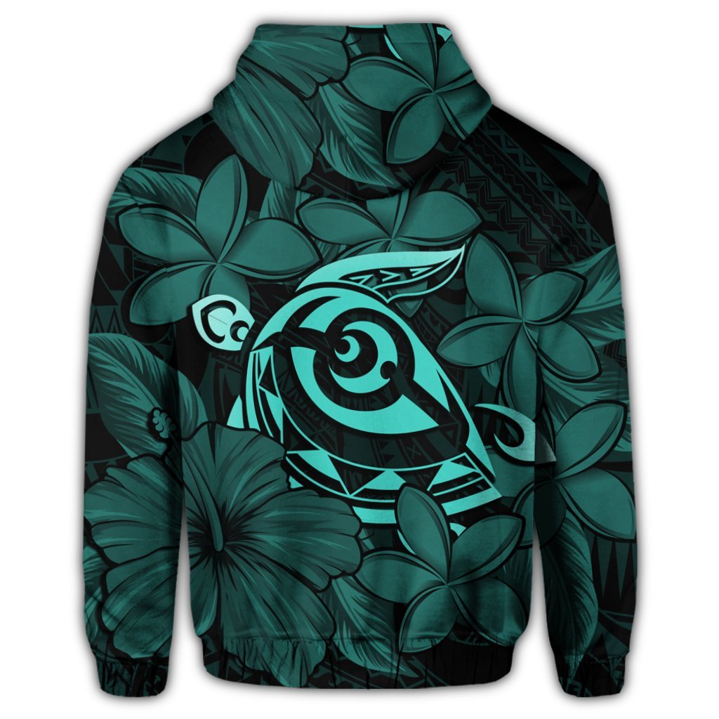 Hawaiian Turtle Hibiscus Plumeria Kanaka Polynesian Zip Hoodie Turquoise Soft Style - Polynesian Pride