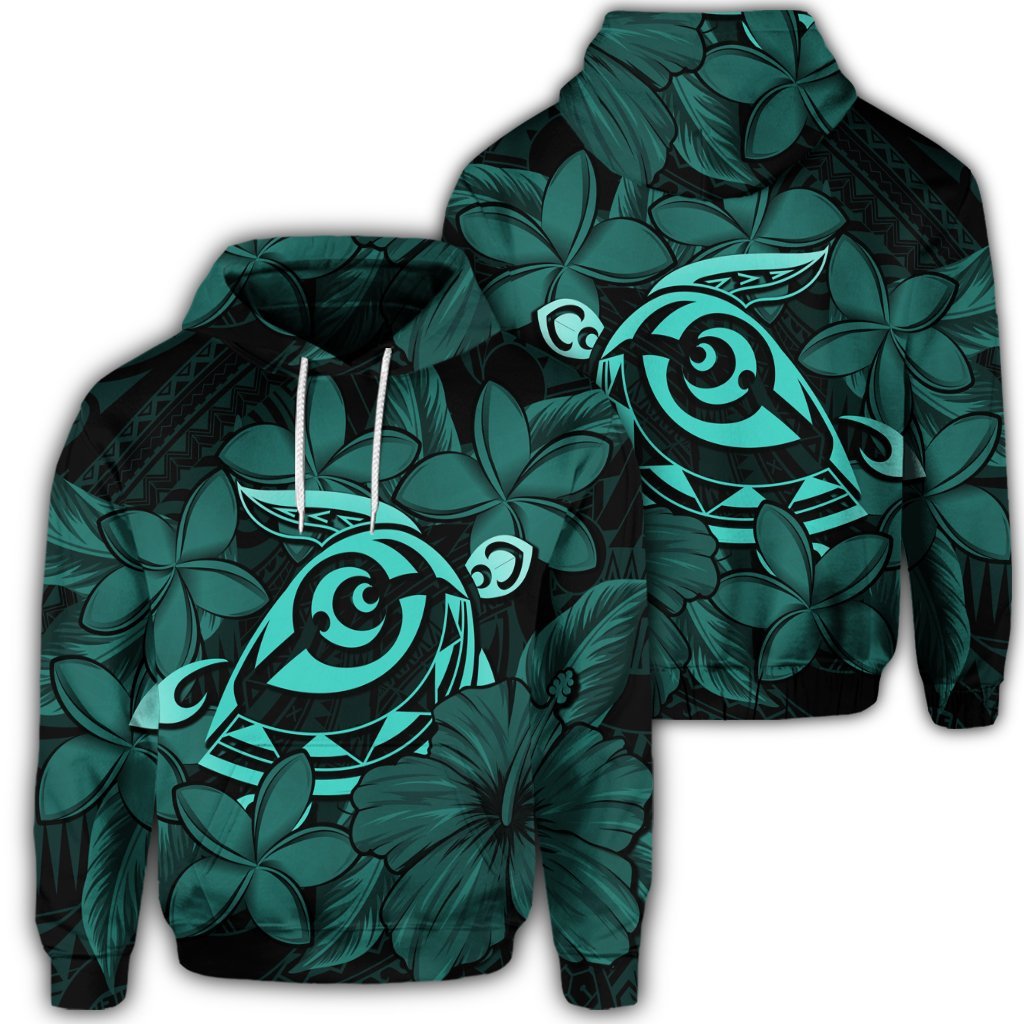 Hawaiian Turtle Hibiscus Plumeria Kanaka Polynesian Hoodie Turquoise Soft Style Unisex Art - Polynesian Pride