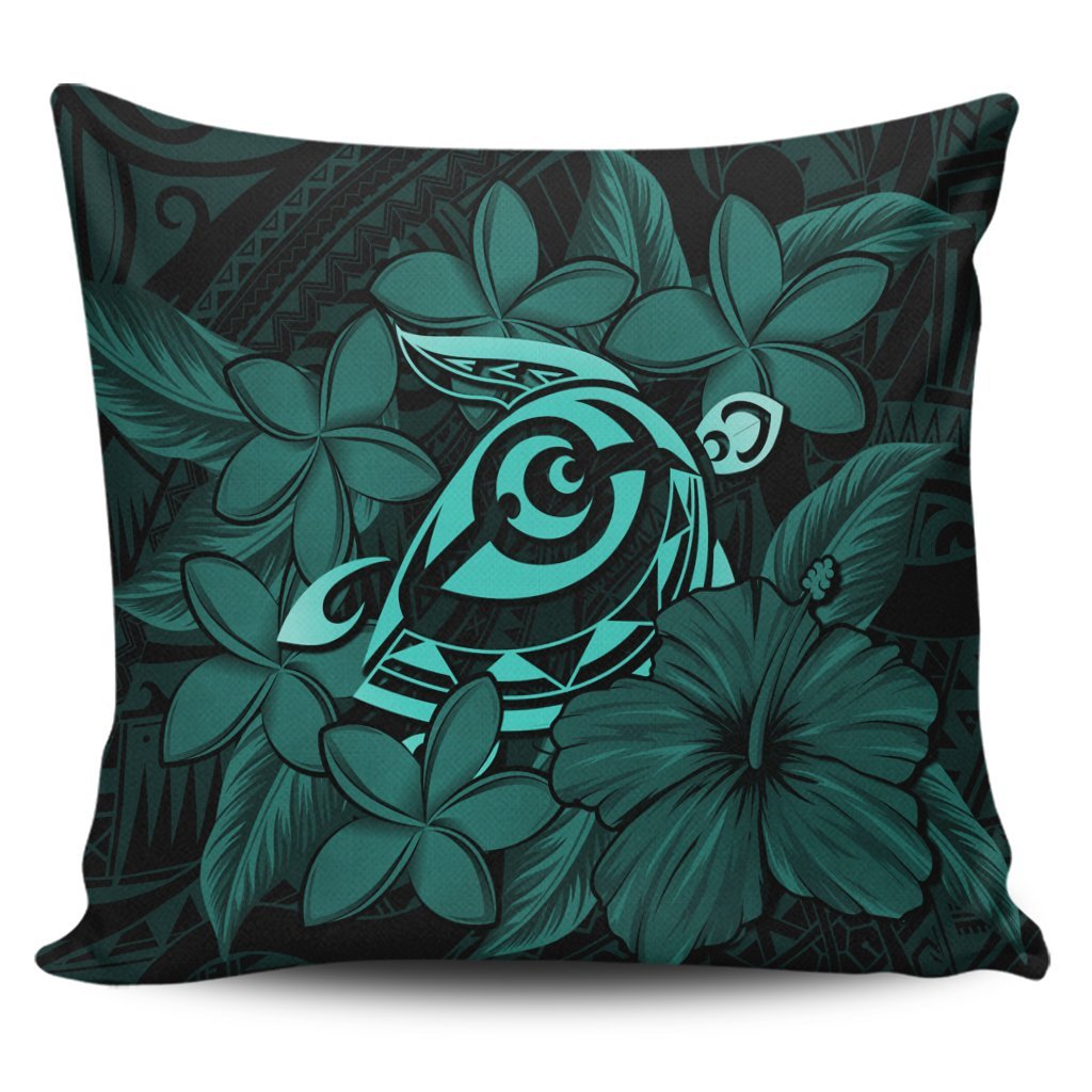 Hawaiian Turtle Hibiscus Plumeria Kanaka Polynesian Pillow Covers Turquoise - Soft Style - AH Pillow Covers Black - Polynesian Pride