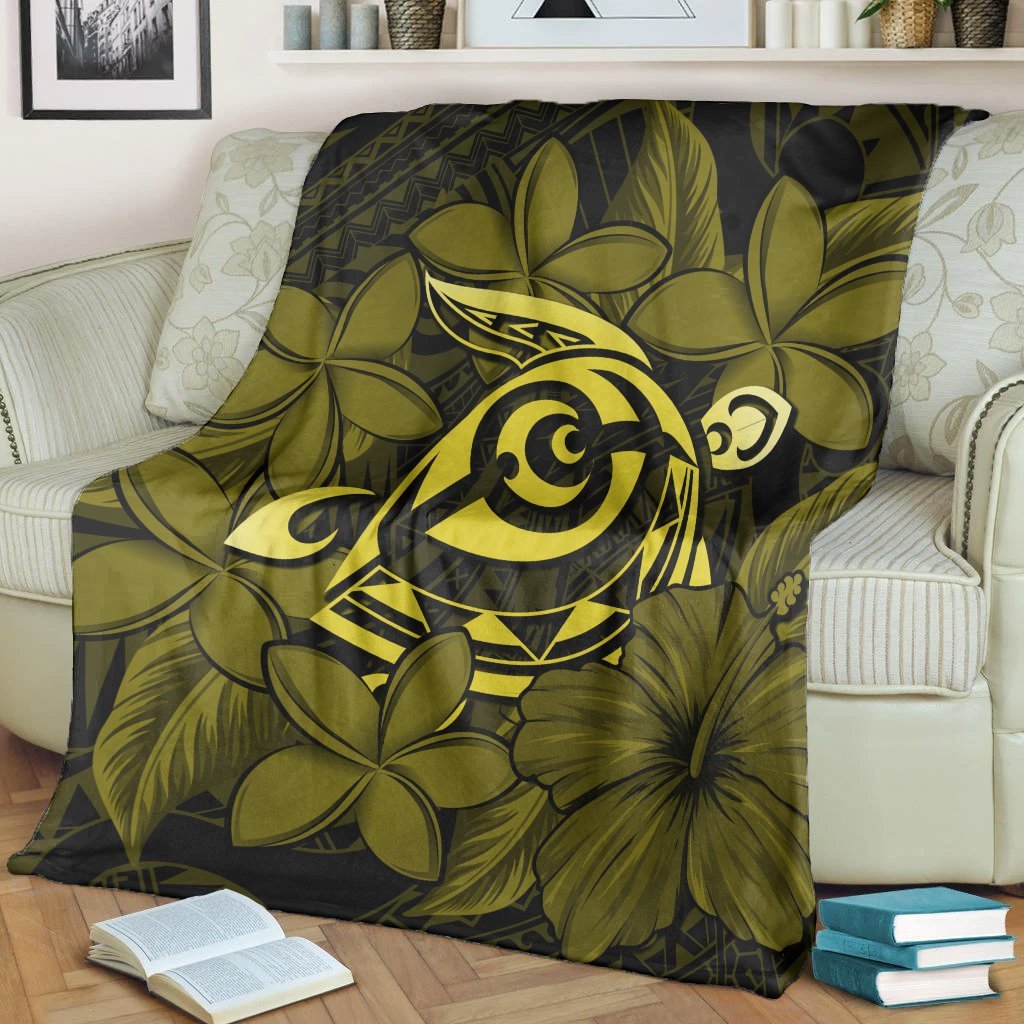 Hawaiian Turtle Hibiscus Plumeria Kanaka Polynesian Premium Blankets Yellow - Soft Style - AH - Polynesian Pride