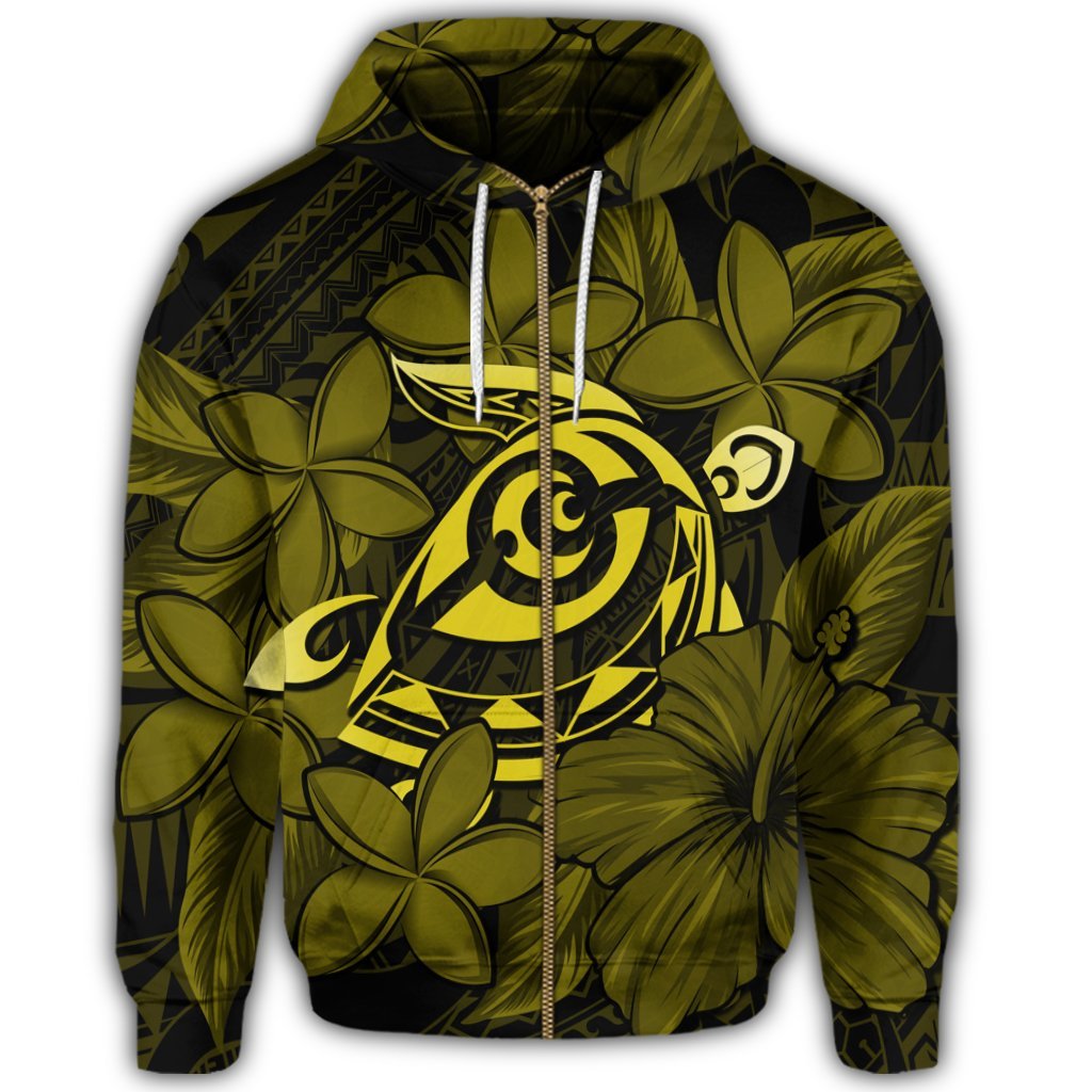 Hawaiian Turtle Hibiscus Plumeria Kanaka Polynesian Zip Hoodie Yellow Soft Style - Polynesian Pride