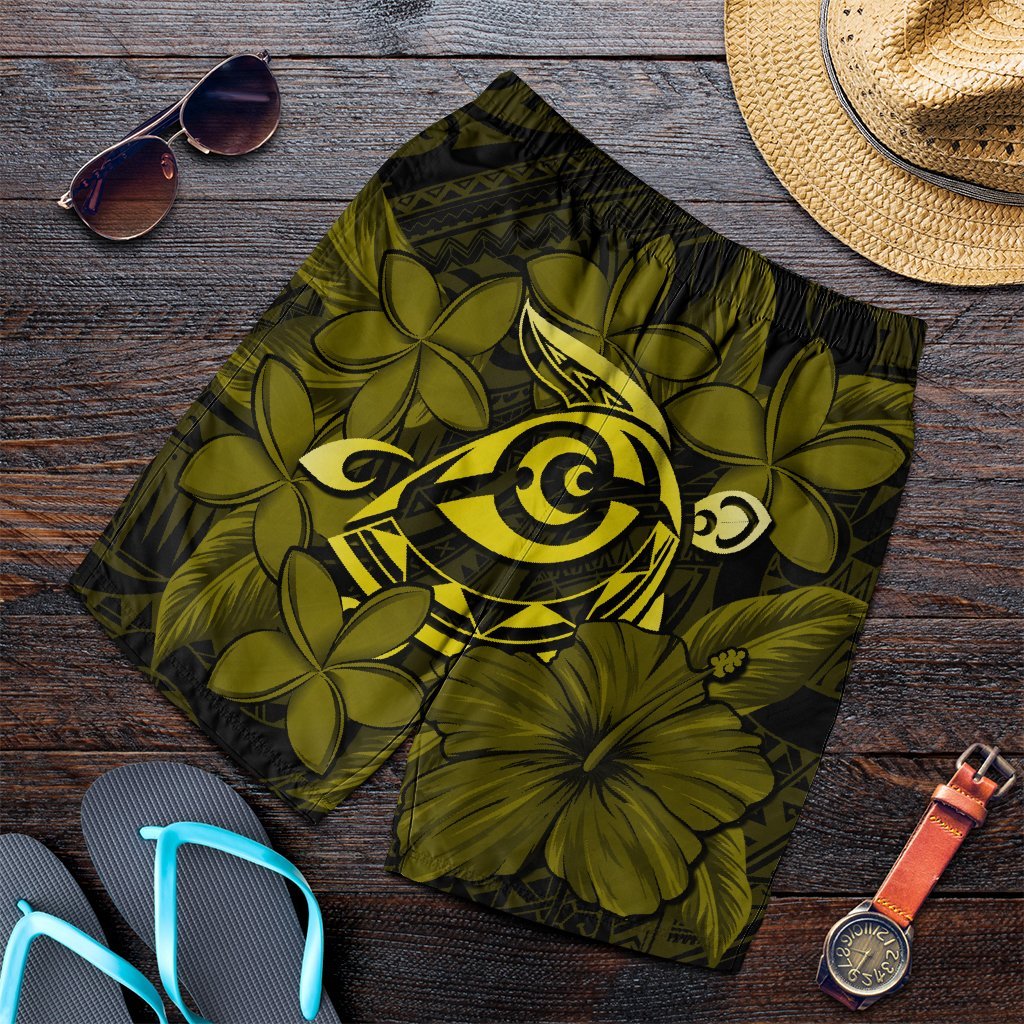 Hawaiian Turtle Hibiscus Plumeria Kanaka Polynesian Men's Shorts Yellow - Soft Style - AH Art - Polynesian Pride