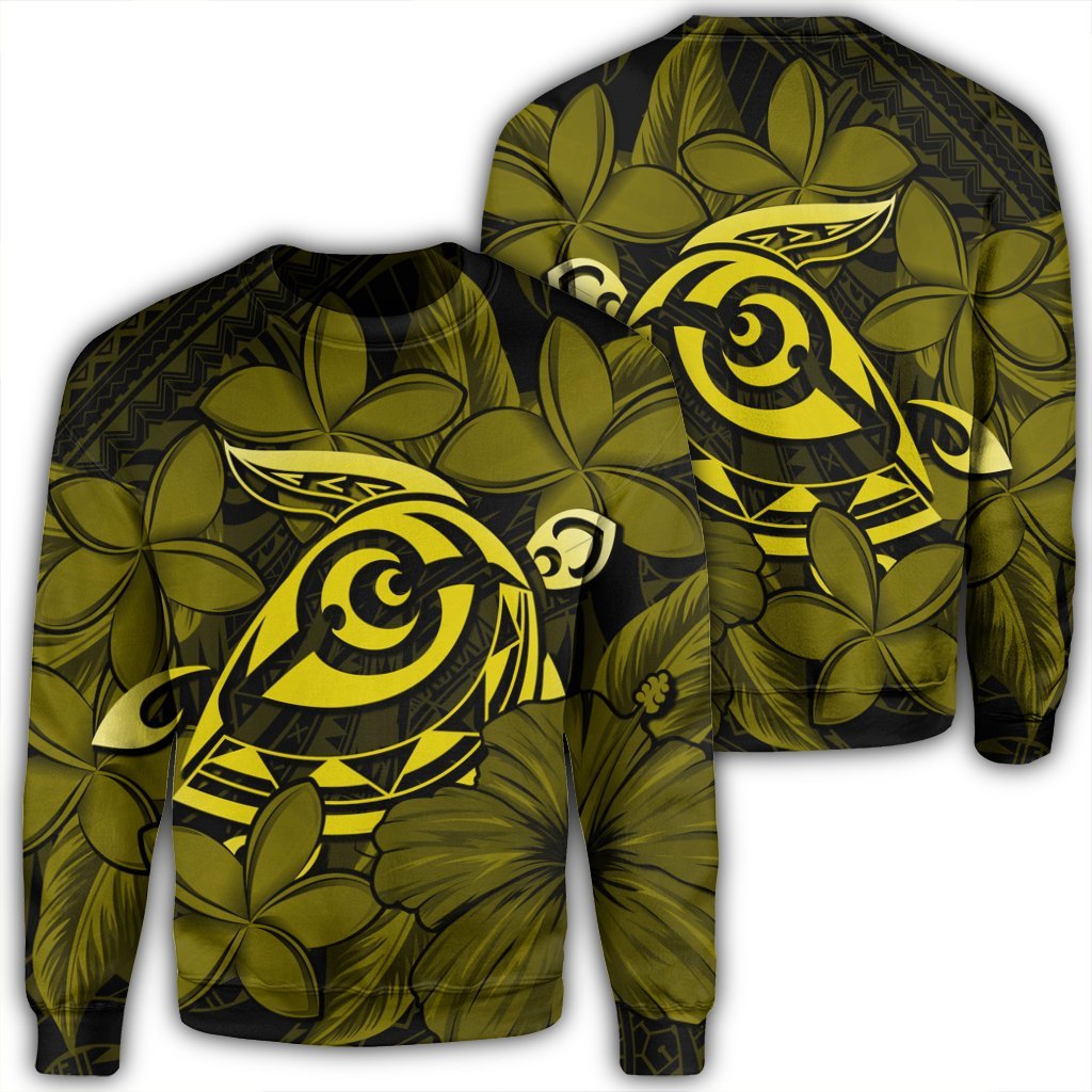 Hawaiian Turtle Hibiscus Plumeria Kanaka Polynesian Sweatshirt Yellow - Soft Style - AH Unisex Black - Polynesian Pride