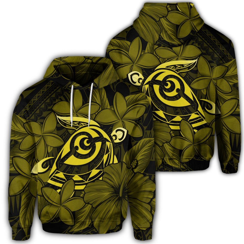 Hawaiian Turtle Hibiscus Plumeria Kanaka Polynesian Hoodie Yellow Soft Style Unisex Art - Polynesian Pride