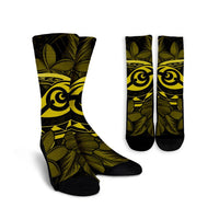 Hawaiian Turtle Hibiscus Plumeria Kanaka Polynesian Crew Socks Yellow - Soft Style - AH Crew Socks White - Polynesian Pride