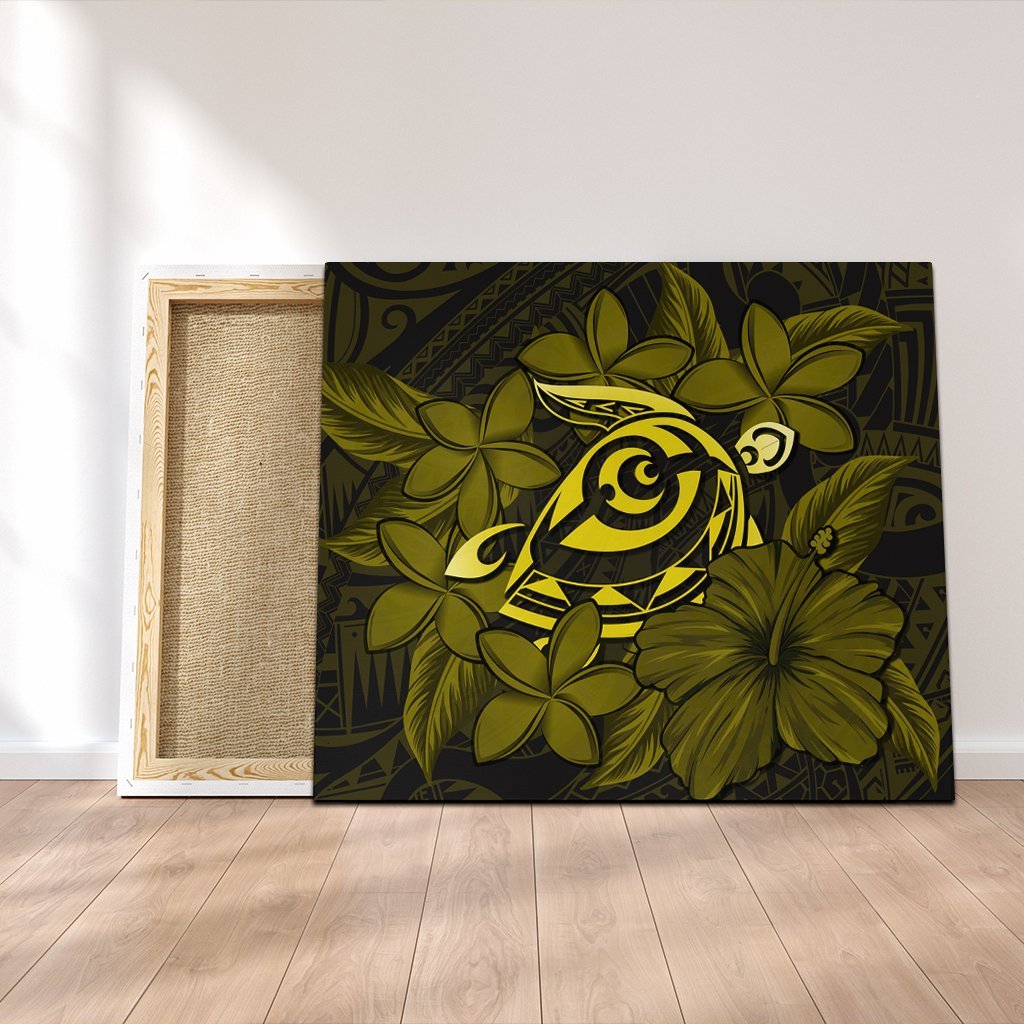 Hawaiian Turtle Hibiscus Plumeria Kanaka Polynesian Canvas Yellow - Soft Style - AH Canvas Poly-cotton - Polynesian Pride