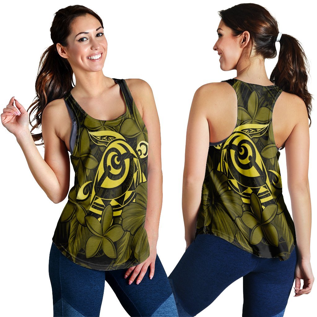 Hawaiian Turtle Hibiscus Plumeria Kanaka Polynesian Racerback Tank Yellow - Soft Style - AH Black - Polynesian Pride