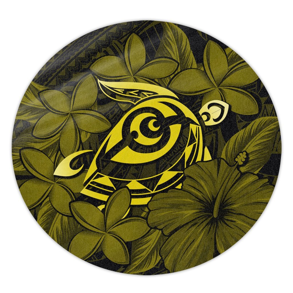 Hawaiian Turtle Hibiscus Plumeria Kanaka Polynesian Round Carpet Yellow - Soft Style - AH Round Carpet Luxurious Plush - Polynesian Pride