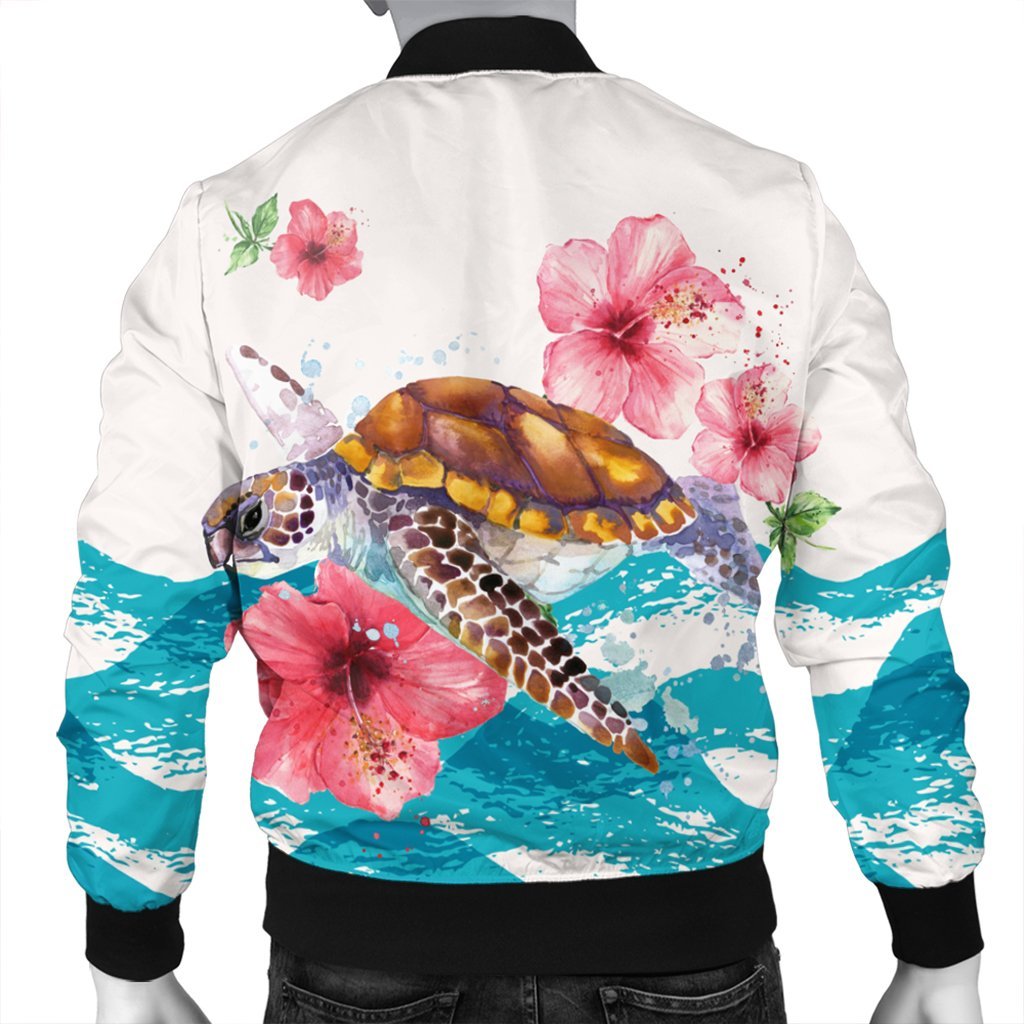 Hawaiian Turtle Hibiscus Waves Polynesian Bomber Jacket - AH - Polynesian Pride
