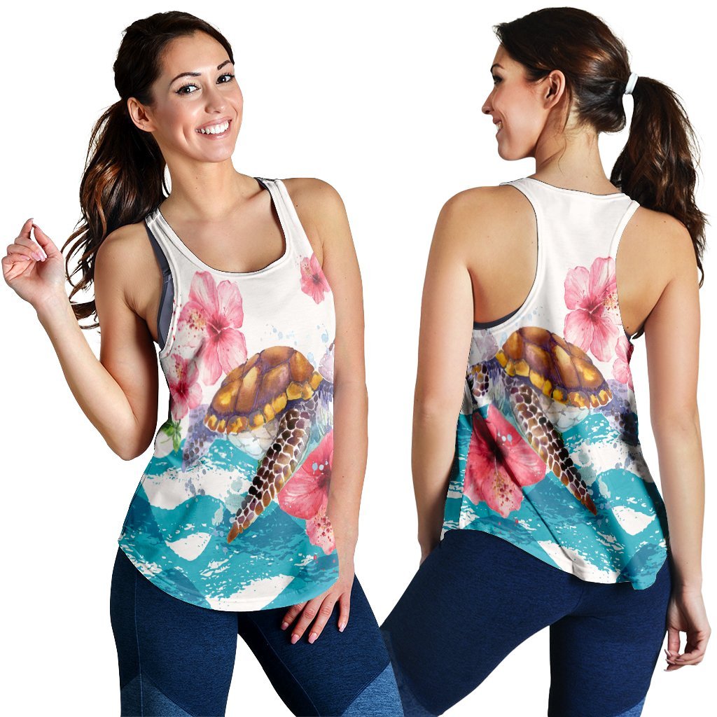 Hawaiian Turtle Hibiscus Waves Polynesian Racerback Tank - AH Female Black - Polynesian Pride