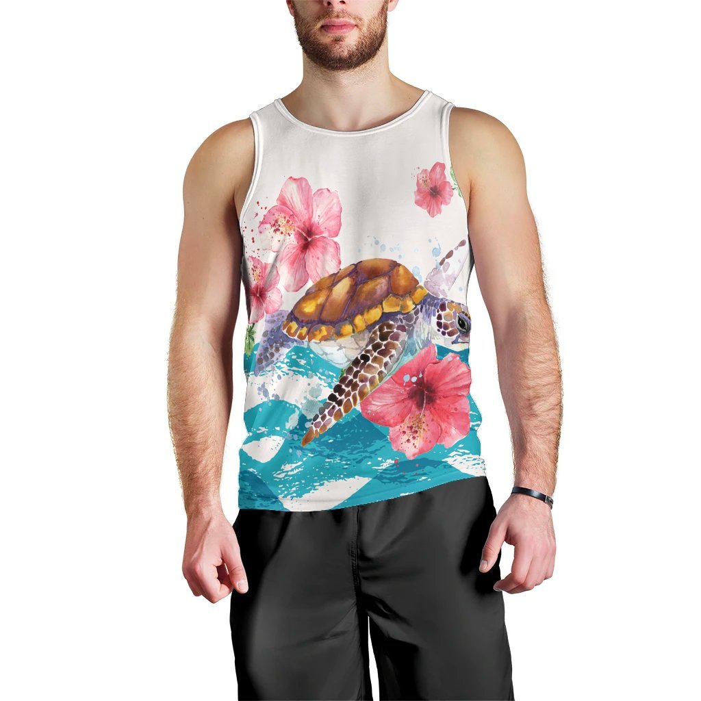 Hawaiian Turtle Hibiscus Waves Polynesian Tank Top - AH Black - Polynesian Pride