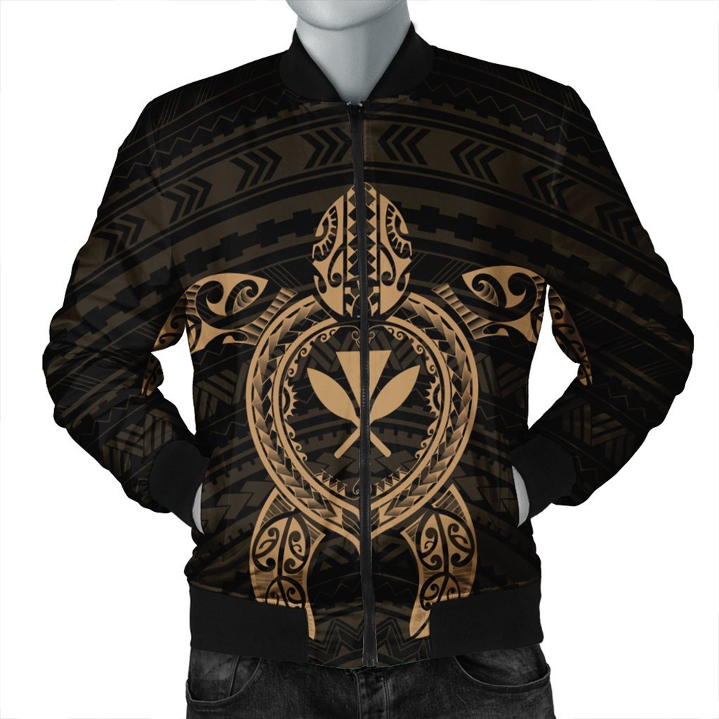 Hawaiian Turtle Kanaka Polynesian Bomber Jacket - Gold - AH Black Unisex - Polynesian Pride