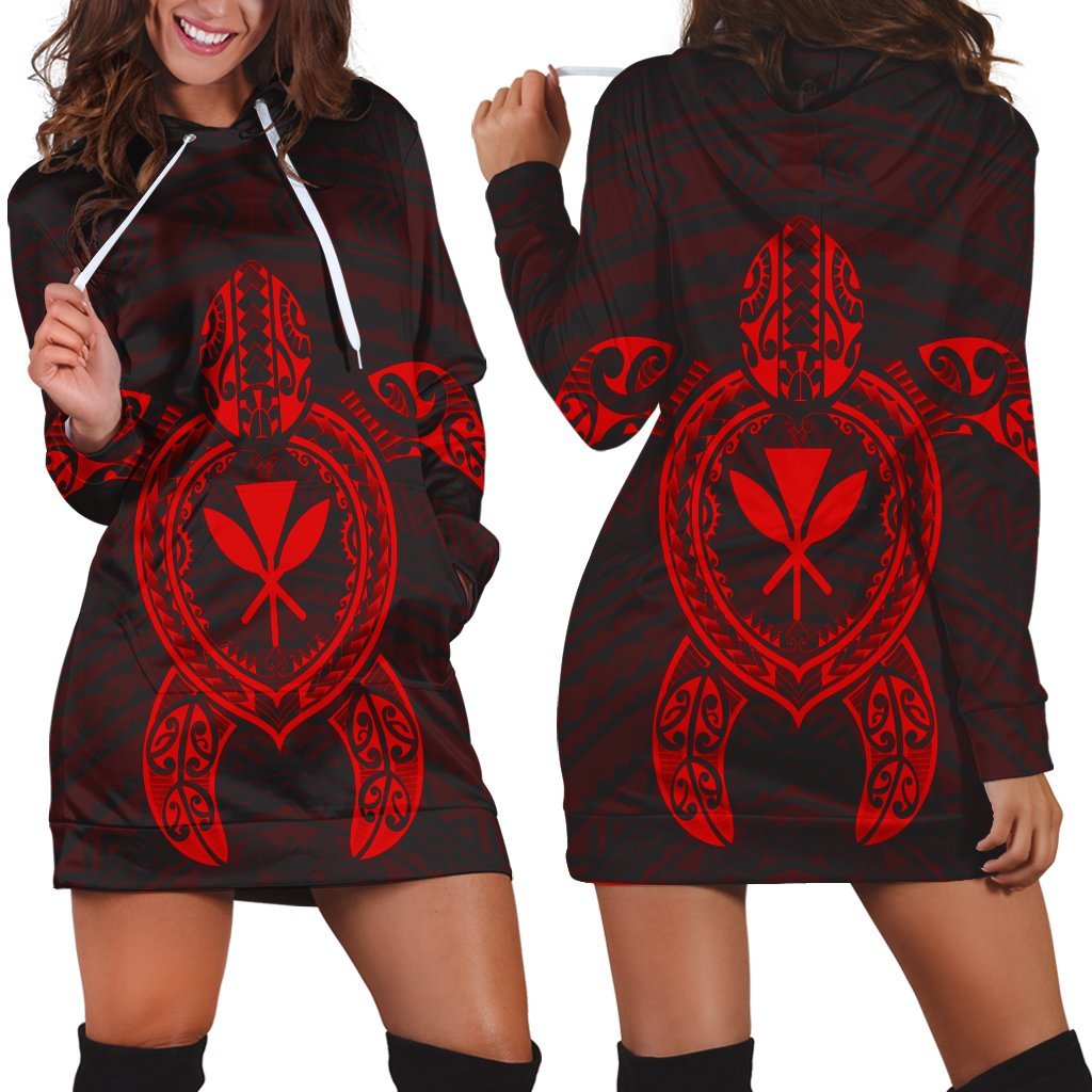 Hawaiian Turtle Kanaka Polynesian Hoodie Dress - Red - AH Black - Polynesian Pride