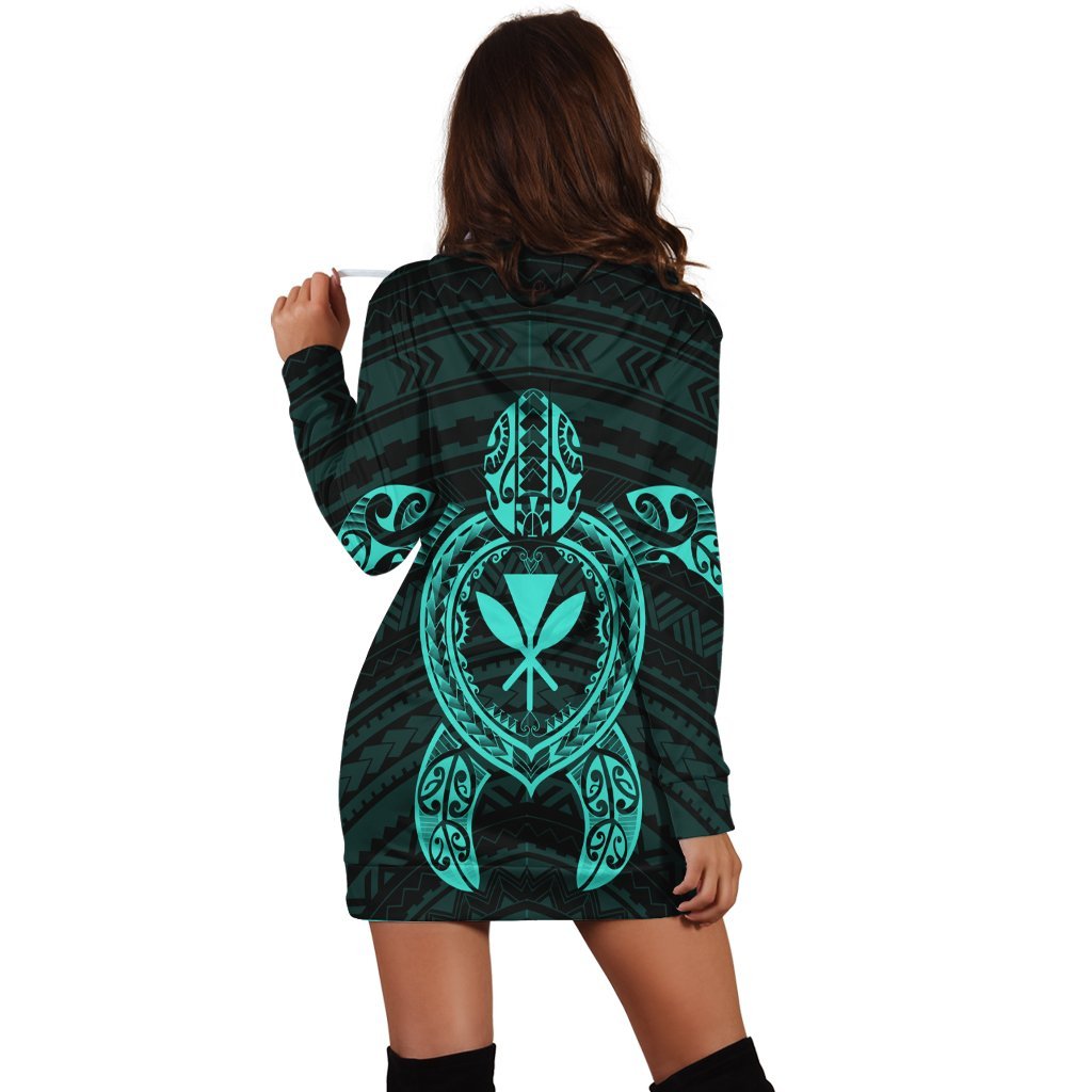 Hawaiian Turtle Kanaka Polynesian Hoodie Dress - Turquoise - AH - Polynesian Pride