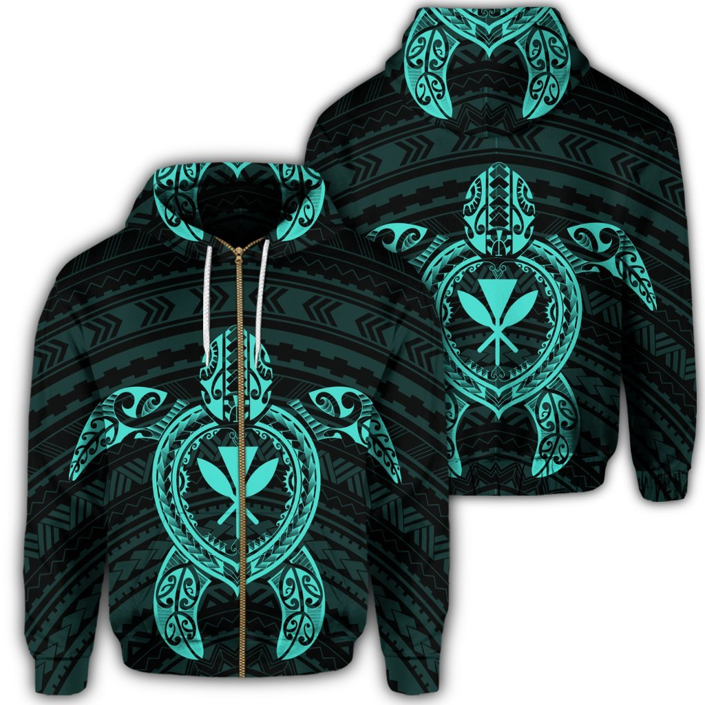 Hawaiian Turtle Kanaka Polynesian Zip Hoodie Turquoise Unisex Art - Polynesian Pride