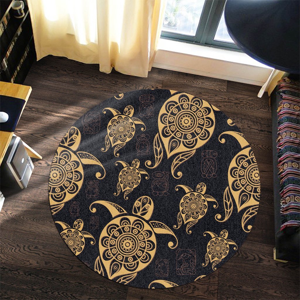 Hawaiian Turtle Pattern Golden Round Carpet - AH - Polynesian Pride