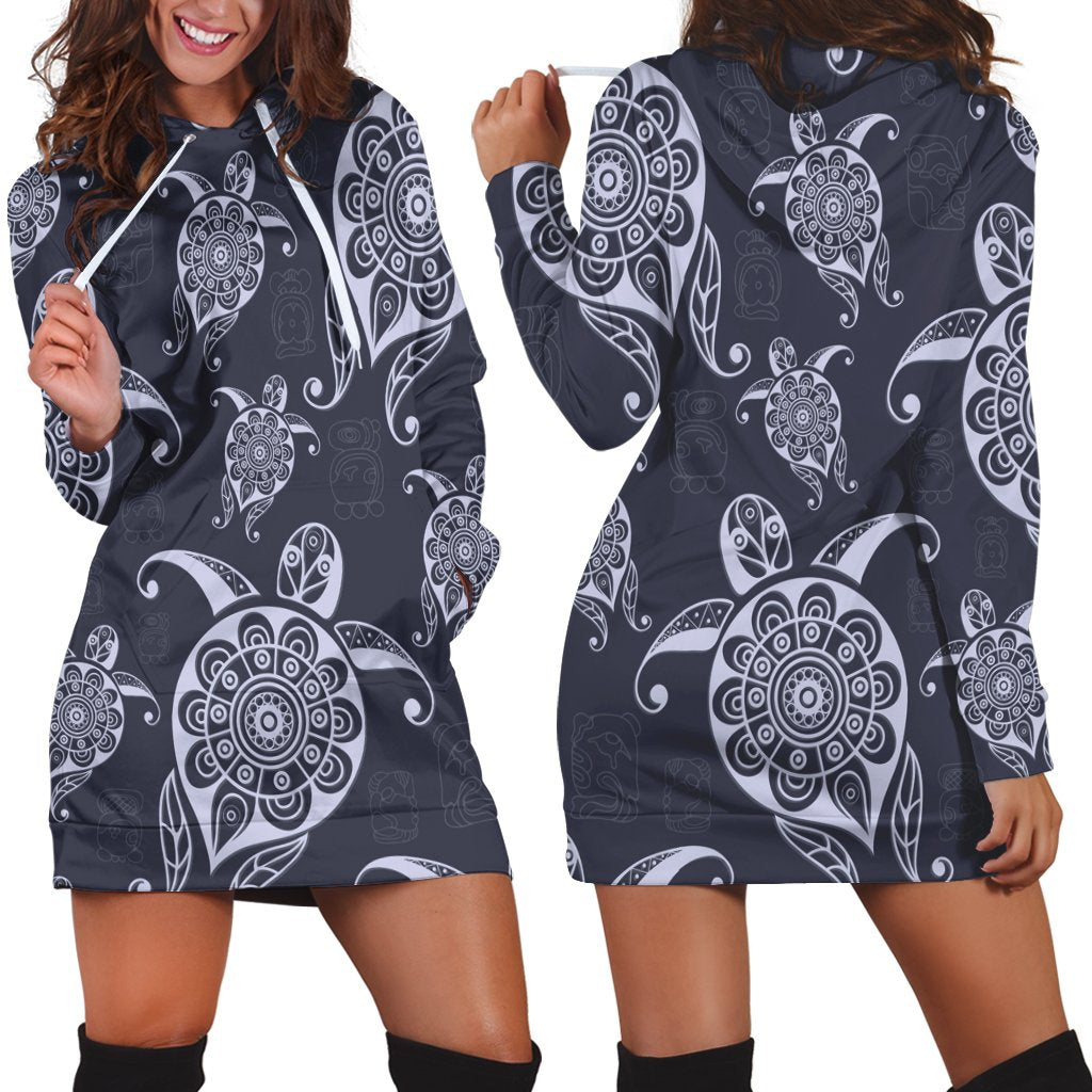 Hawaiian Turtle Pattern Wonderfull Hoodie Dress - AH Black - Polynesian Pride