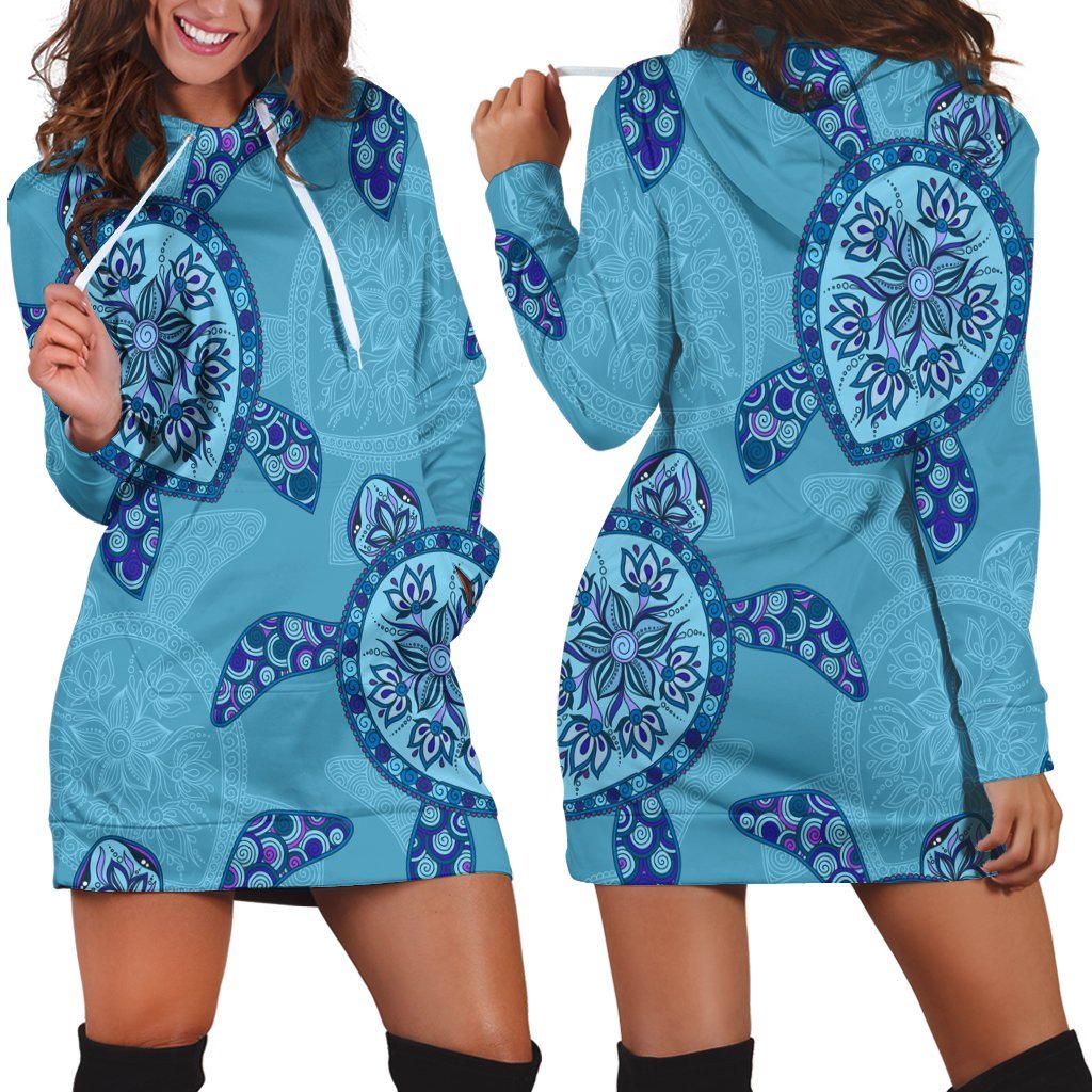 Hawaiian Turtle Plumeria Hoodie Dress - AH Black - Polynesian Pride