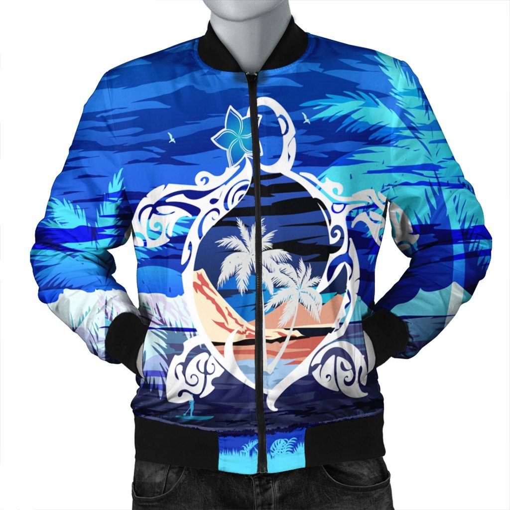 Hawaiian Turtle Plumeria Coconut Tree Polynesian Bomber Jacket Blue - AH Black Unisex - Polynesian Pride