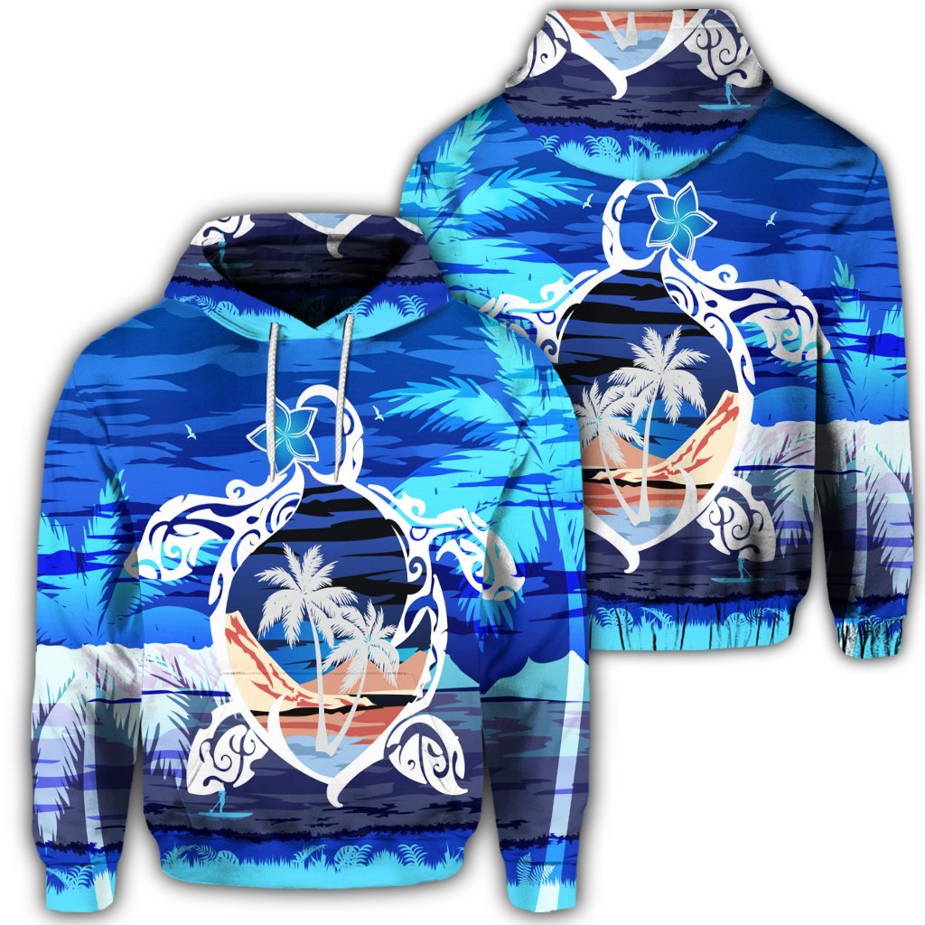 Hawaiian Turtle Plumeria Coconut Tree Polynesian Hoodie Blue Unisex Art - Polynesian Pride