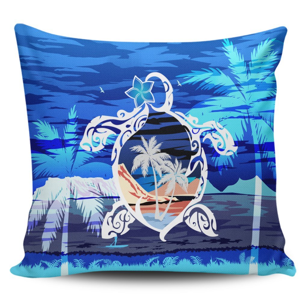 Hawaiian Turtle Plumeria Coconut Tree Polynesian Pillow Covers Blue - AH Pillow Covers Black - Polynesian Pride