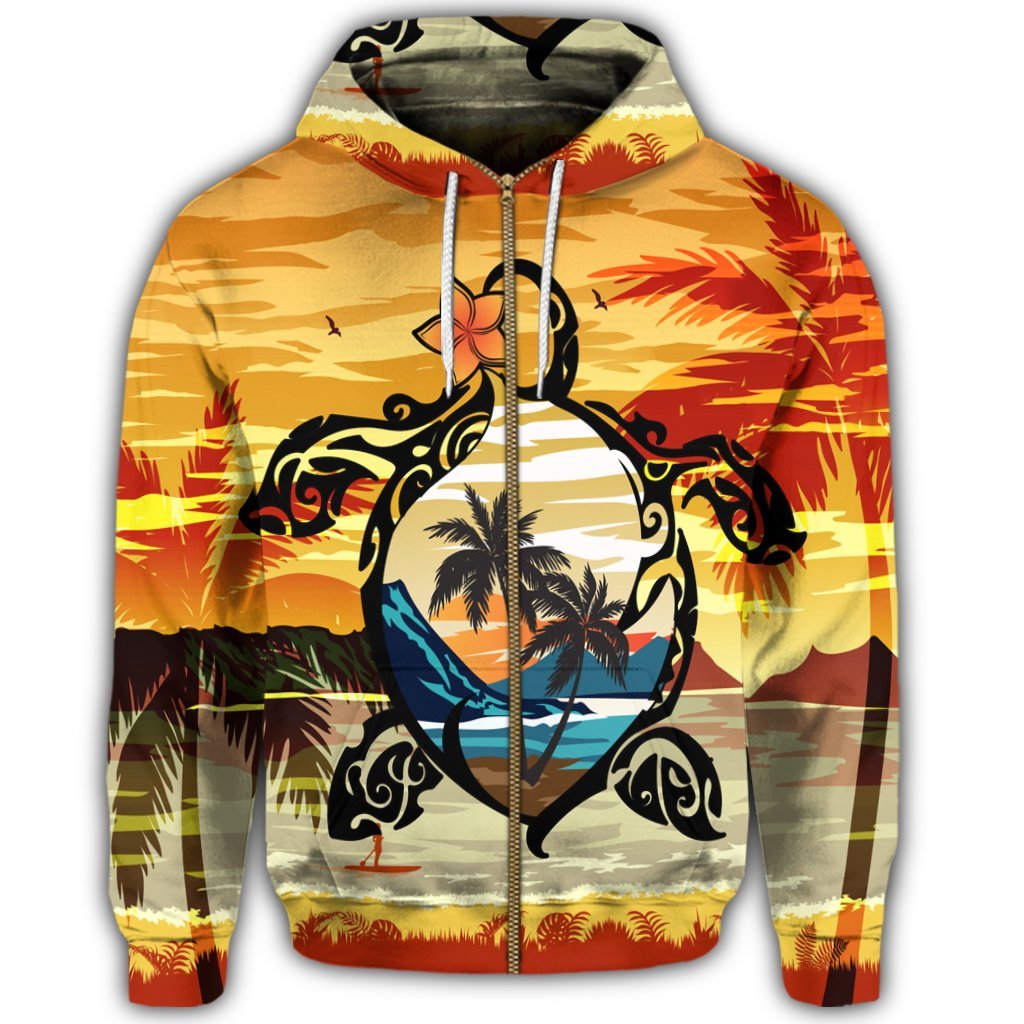 Hawaiian Turtle Plumeria Coconut Tree Polynesian Zip Hoodie Gold - Polynesian Pride