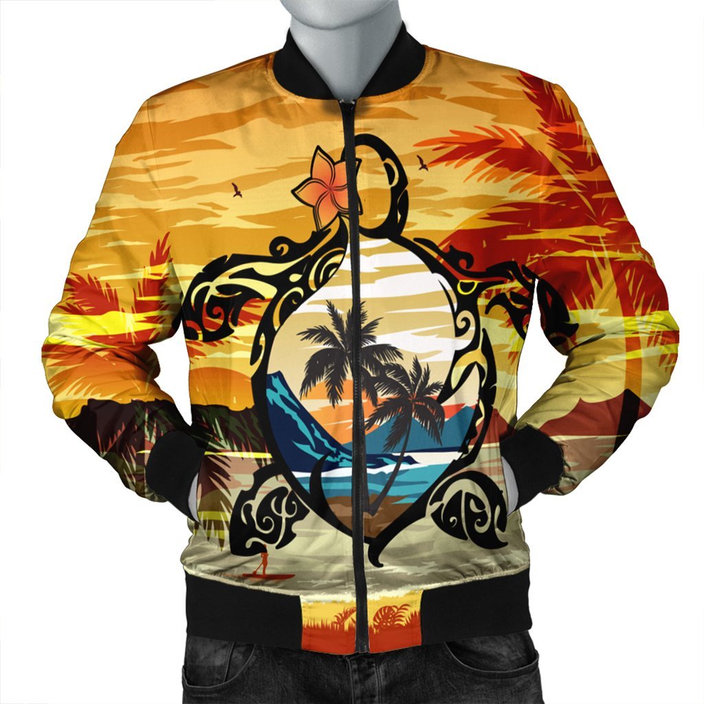 Hawaiian Turtle Plumeria Coconut Tree Polynesian Bomber Jacket Gold - AH Black Unisex - Polynesian Pride