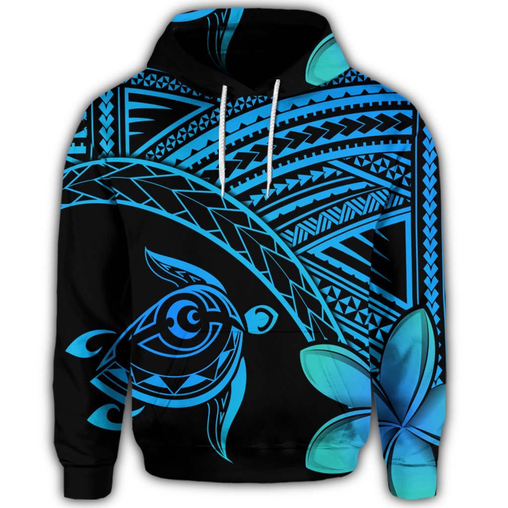 Hawaiian Turtle Plumeria Kakau Polynesian Quilt Hoodie Blue - Polynesian Pride