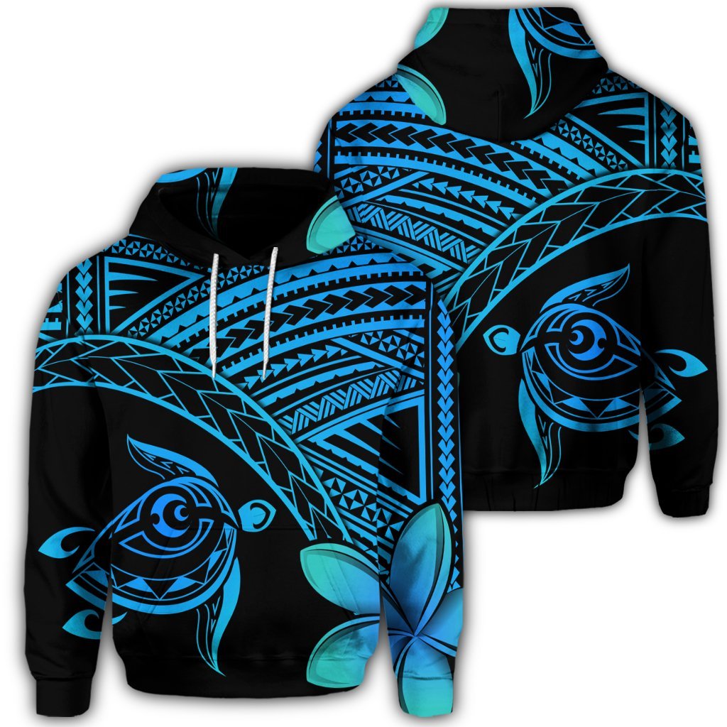 Hawaiian Turtle Plumeria Kakau Polynesian Quilt Hoodie Blue Unisex Art - Polynesian Pride