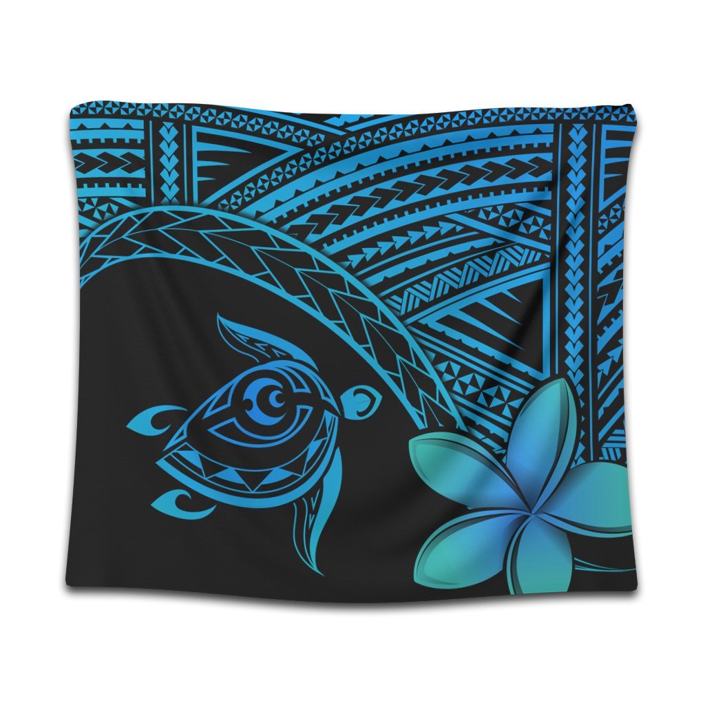 Hawaiian Turtle Plumeria Kakau Polynesian Quilt Tapestry Blue AH Wall Tapestry Black - Polynesian Pride