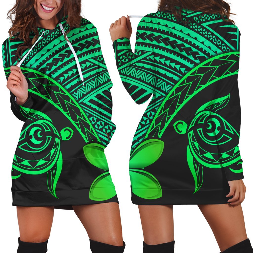 Hawaiian Turtle Plumeria Kakau Polynesian Quilt Hoodie Dress Neo Green AH Black - Polynesian Pride