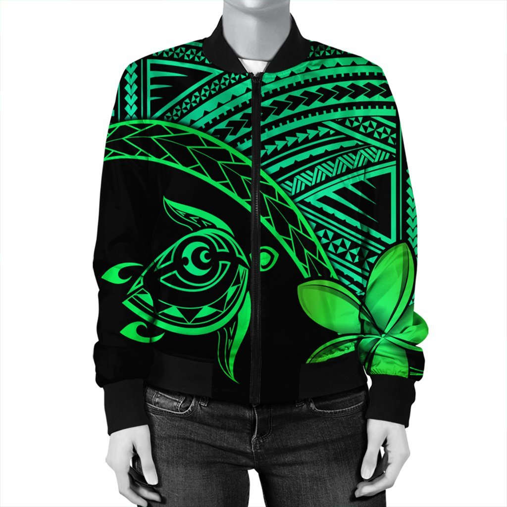 Hawaiian Turtle Plumeria Kakau Polynesian Quilt Bomber Jacket Neo Green AH - Polynesian Pride