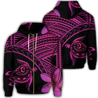 Hawaiian Turtle Plumeria Kakau Polynesian Quilt Zip Hoodie Neo Pink Unisex Art - Polynesian Pride