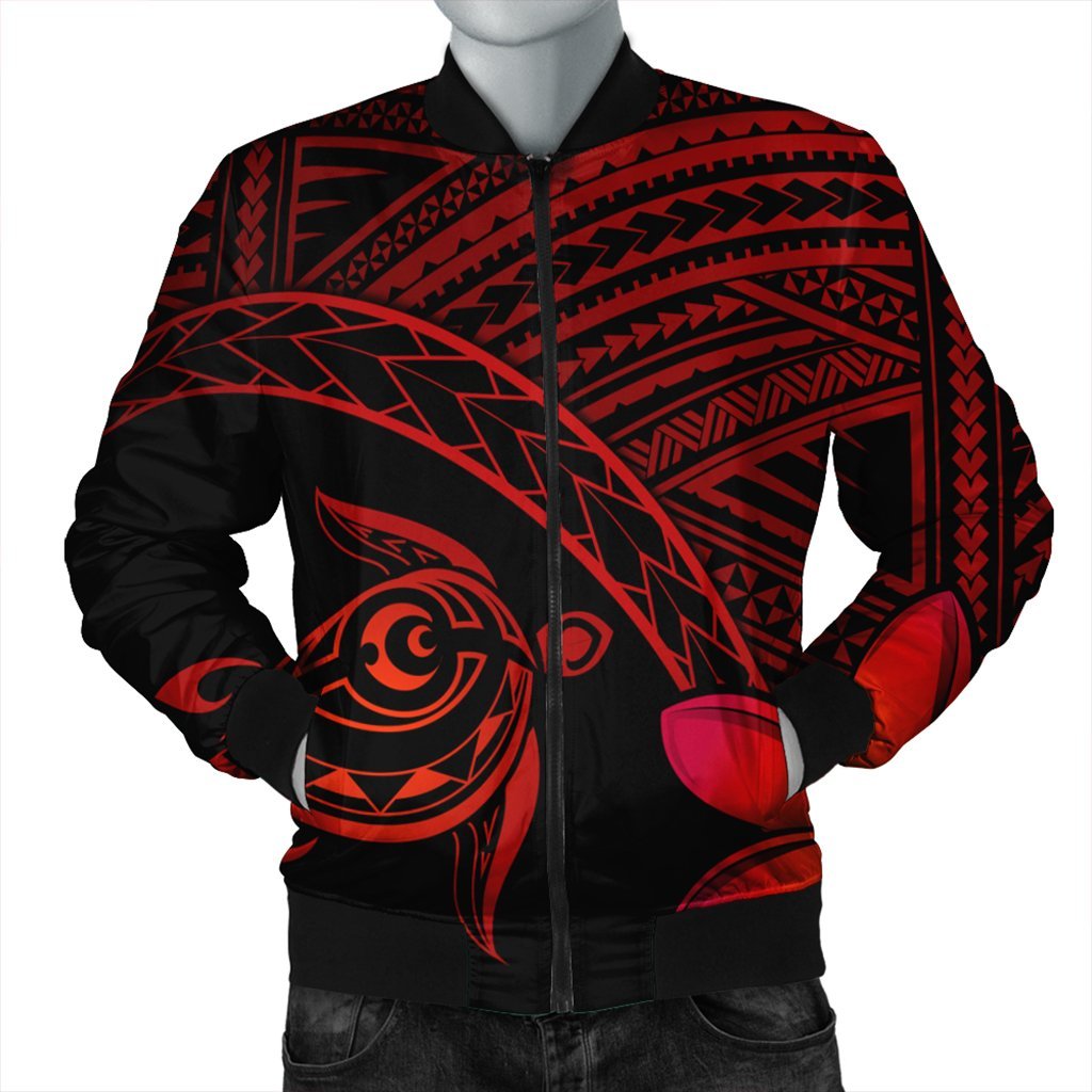 Hawaiian Turtle Plumeria Kakau Polynesian Quilt Bomber Jacket Neo Red AH Black Unisex - Polynesian Pride