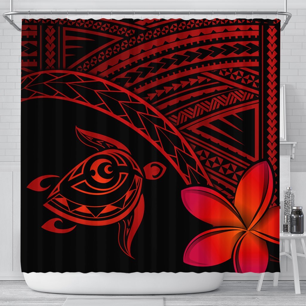 Hawaiian Turtle Plumeria Kakau Polynesian Quilt Shower Curtain Neo Red AH 177 x 172 (cm) Black - Polynesian Pride