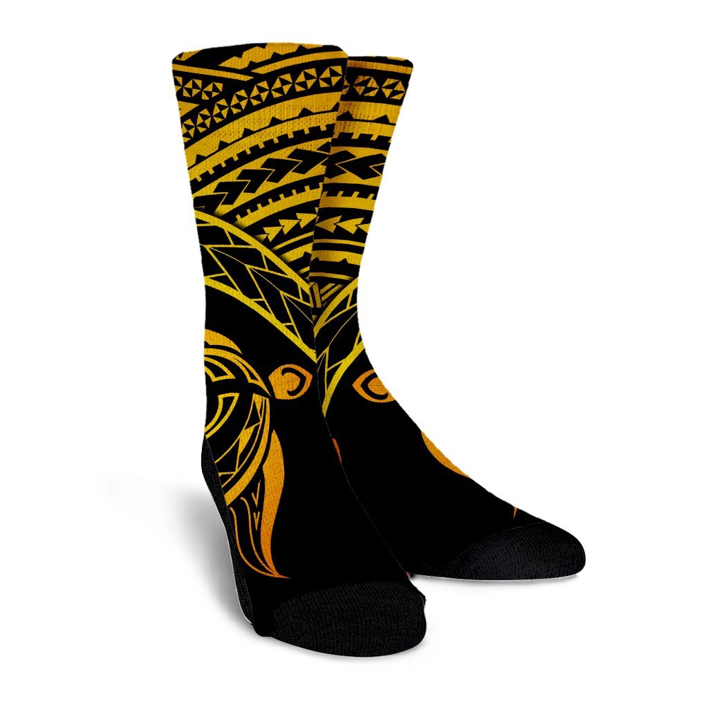 Hawaiian Turtle Plumeria Kakau Polynesian Quilt Crew Socks Neo Yellow AH - Polynesian Pride