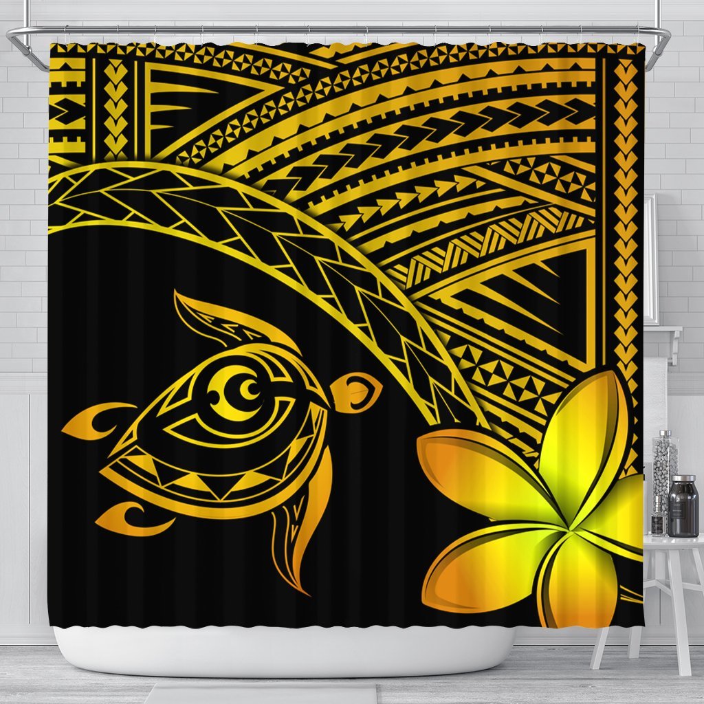 Hawaiian Turtle Plumeria Kakau Polynesian Quilt Shower Curtain Neo Yellow AH 177 x 172 (cm) Black - Polynesian Pride