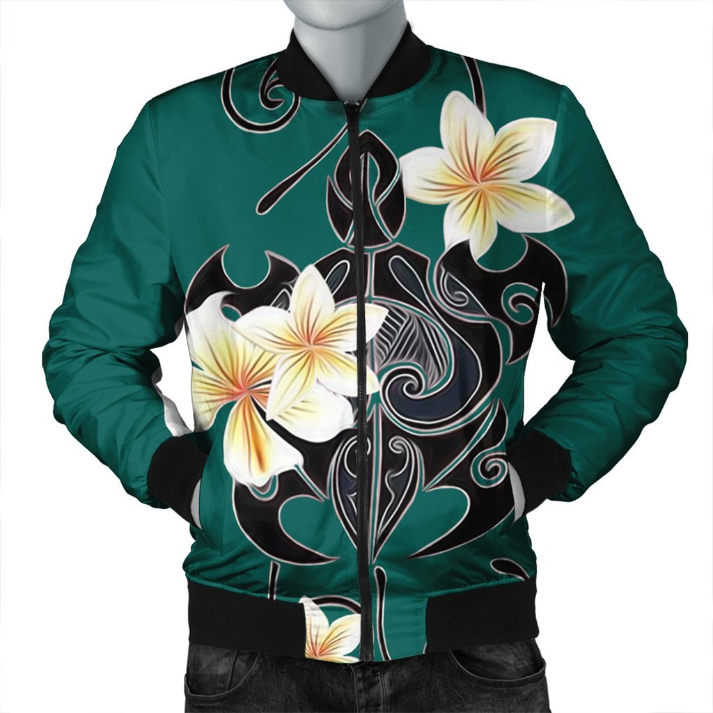 Hawaiian Turtle Plumeria Polynesian Bomber Jacket Mint - AH Black Unisex - Polynesian Pride