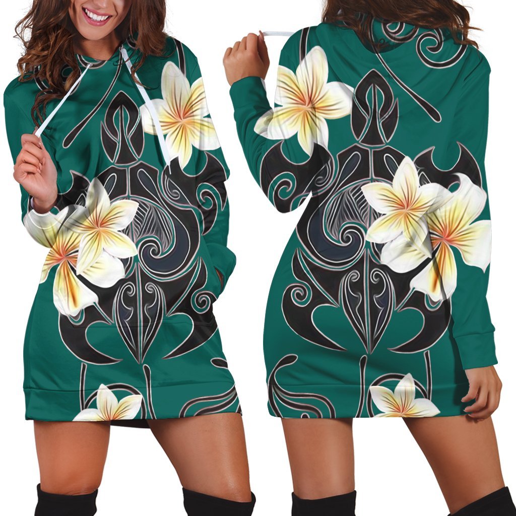 Hawaiian Turtle Plumeria Polynesian Hoodie Dress Mint - AH Black - Polynesian Pride