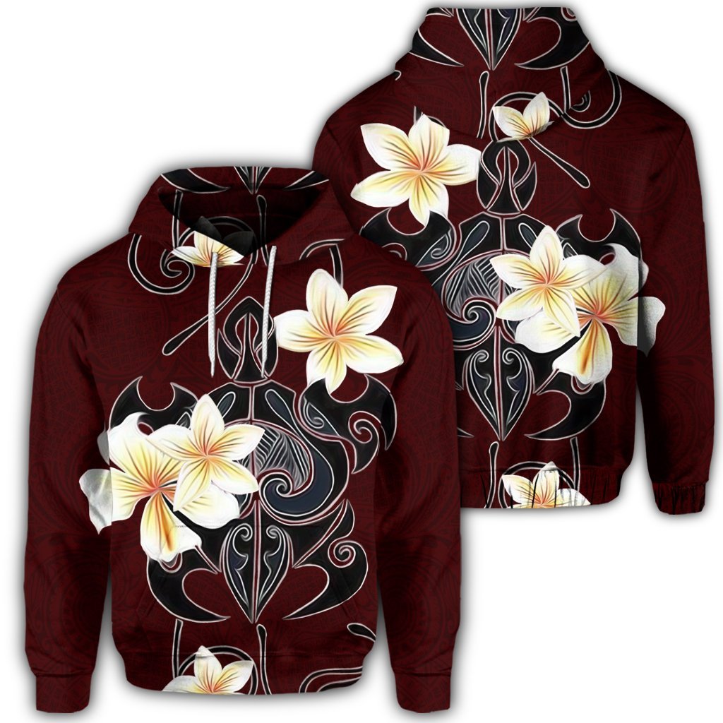 Hawaiian Turtle Plumeria Polynesian Hoodie Red Unisex Art - Polynesian Pride