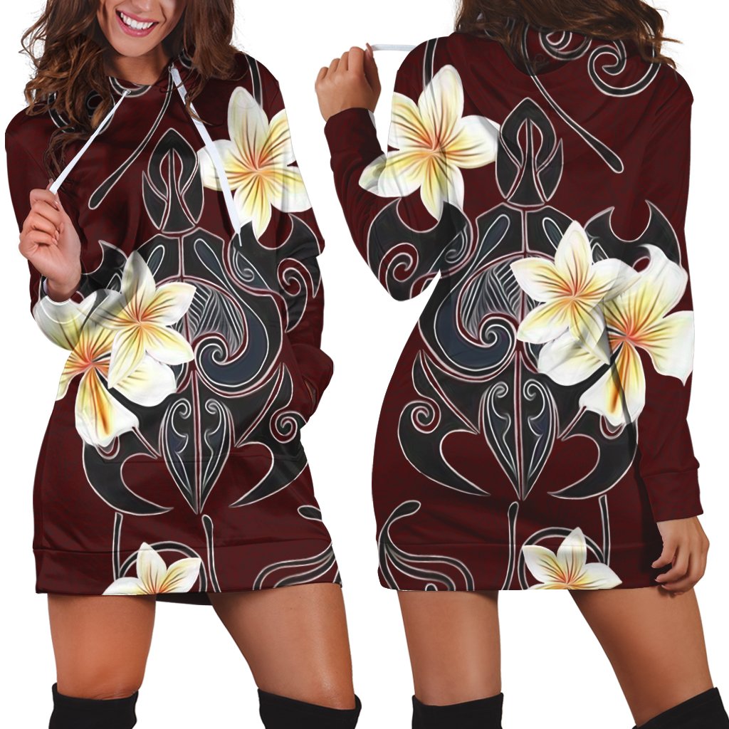 Hawaiian Turtle Plumeria Polynesian Hoodie Dress Red - AH Black - Polynesian Pride