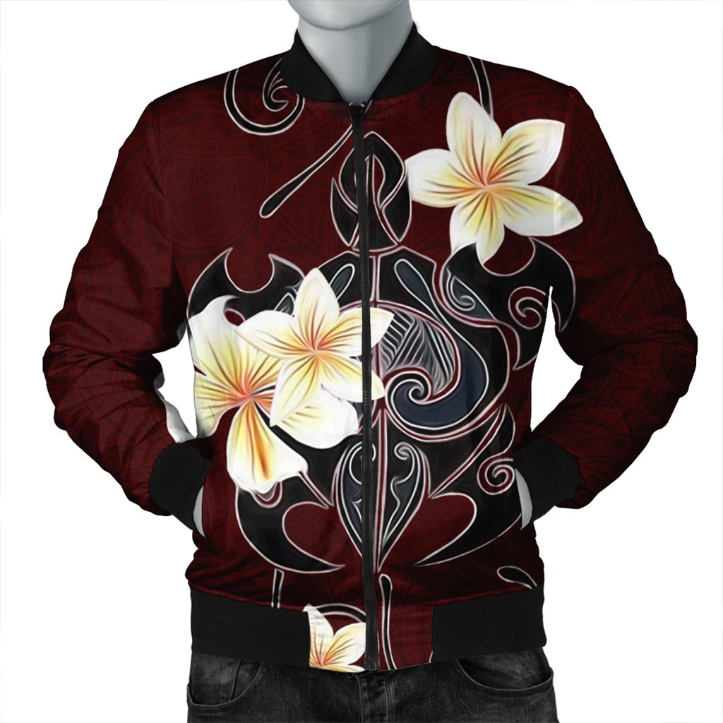 Hawaiian Turtle Plumeria Polynesian Bomber Jacket Red - AH Black Unisex - Polynesian Pride