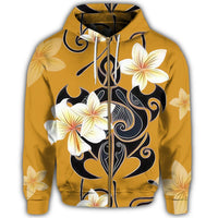 Hawaiian Turtle Plumeria Polynesian Zip Hoodie Yellow - Polynesian Pride