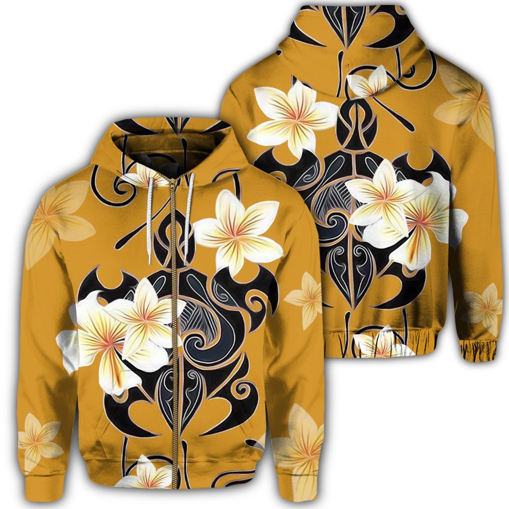 Hawaiian Turtle Plumeria Polynesian Zip Hoodie Yellow Unisex Art - Polynesian Pride