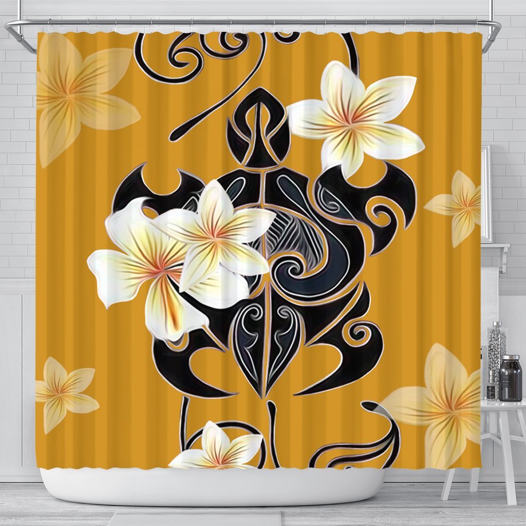 Hawaiian Turtle Plumeria Polynesian Shower Curtain Yellow - AH 177 x 172 (cm) Black - Polynesian Pride